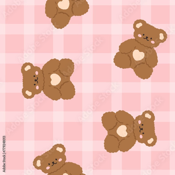 Obraz Pink cute kawaii teddy bears with grid texture background, kids seamless pattern background for girl. Wrapping paper childish design, fabric and textile print