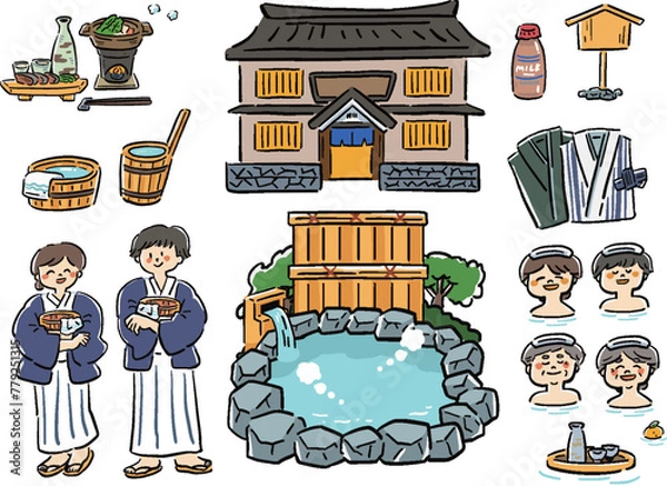 Obraz 温泉旅行のゆるい手描き風イラストセット　