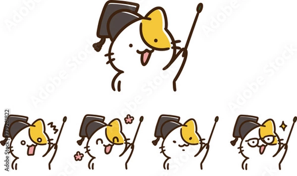 Obraz 指差し棒を持つかわいい教授ねこの上半身デフォルメイラストセット