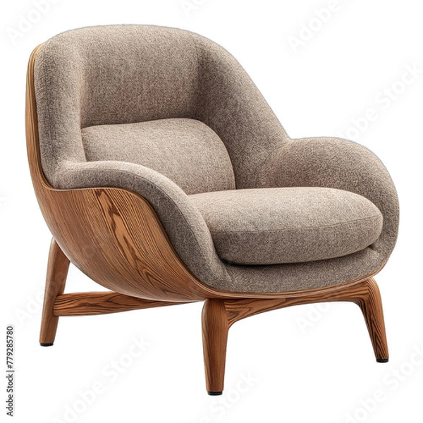 Fototapeta Midcentury modern wooden armchair with beige cushion isolated on white background 3d rendering