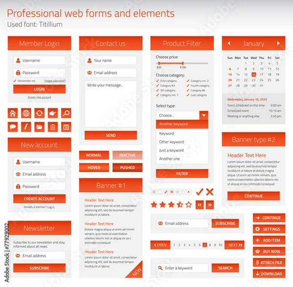 Fototapeta Professional set of orange web forms and elements