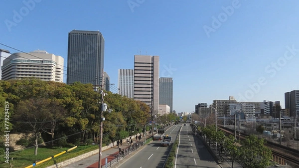 Fototapeta Japanese view of skyscrapers along Tamatsukuri-suji from Osakajokoen Station