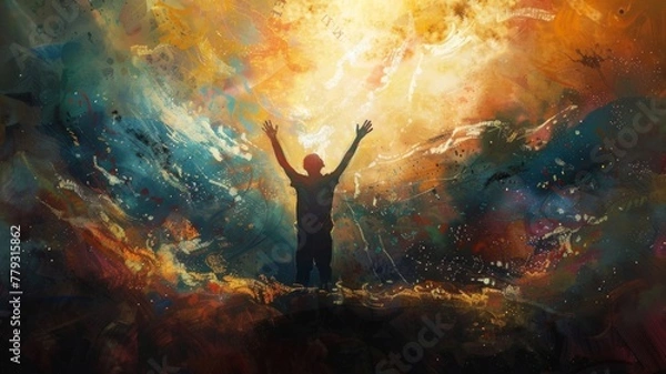 Obraz Person celebrating in a vibrant abstract art - A silhouette of a person with arms raised in jubilation against a backdrop of dynamic, abstract bursts of color This image conveys a sense of triumph and