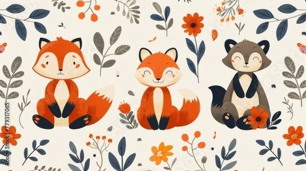 Fototapeta Illustration of adorable fox characters in various poses with autumn leaves and berries on a light background.