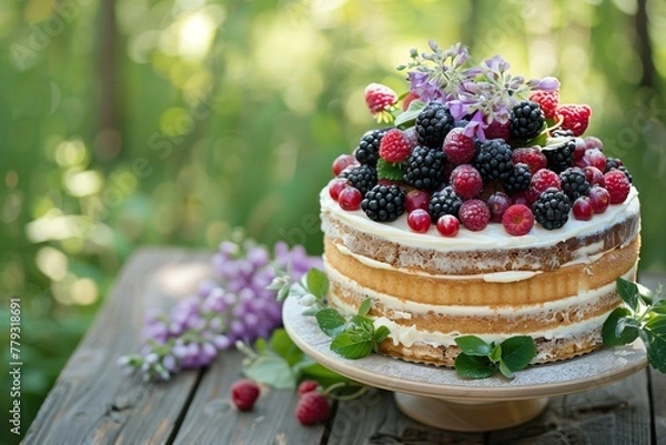 Fototapeta summery naked cake laden with a bounty of berries and lilac blossoms