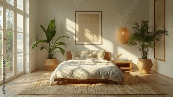 Fototapeta Interior design rendering, minimalism at its core, with a central mock-up poster, 3D illustration of a serene, AI Generative
