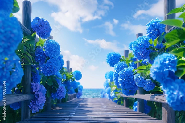 Fototapeta Hydrangea path leading to the sea