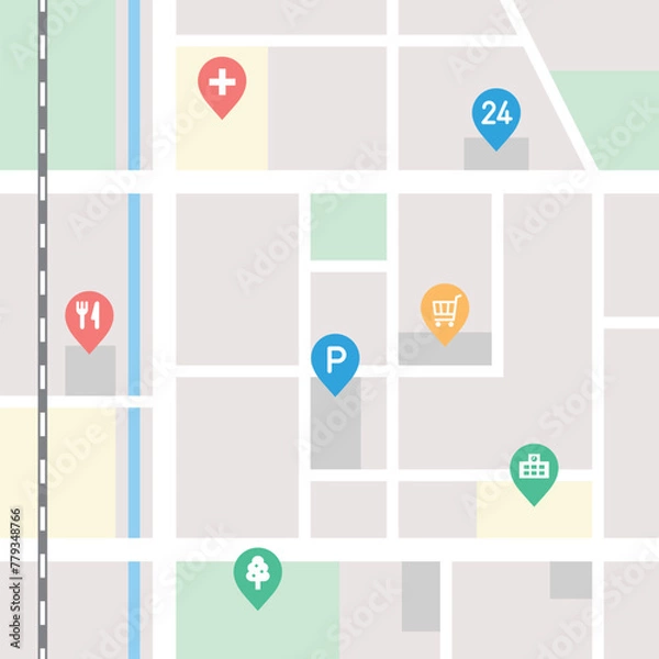 Fototapeta 公共施設の位置情報を表すピンが配置された地図イラスト素材