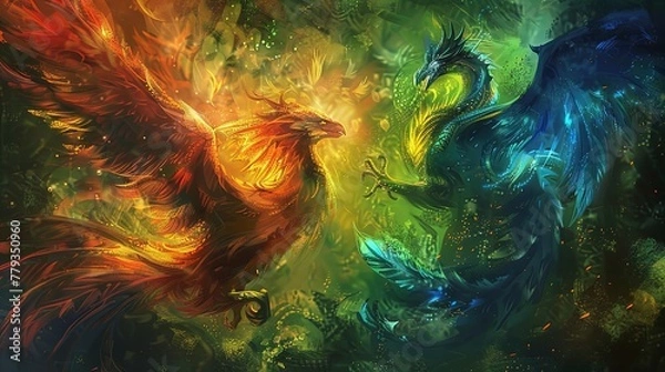 Fototapeta Dive into a fantasy realm with this vibrant clash of fire and ice phoenixes!