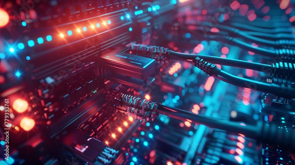 Fototapeta An intricate network of cables connecting data centers,