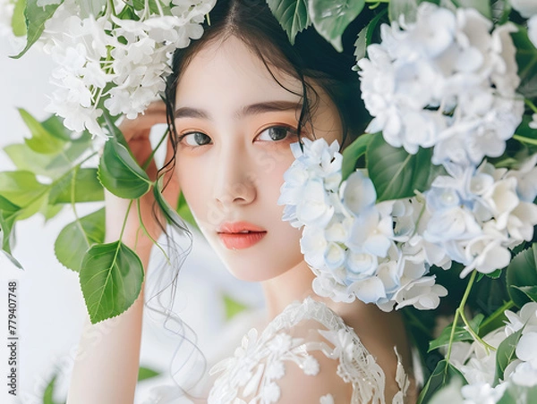 Fototapeta 紫陽花に囲まれた幸せなジューンブライドのアジア人女性