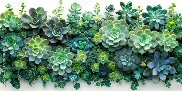 Fototapeta Vibrant collection of succulents arranged with varying textures and shades in a peaceful indoor setting for a refreshing ambiance