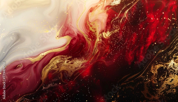 Fototapeta Abstract fluid flowing art deep red and black with gold accent dark tone in concept luxury.