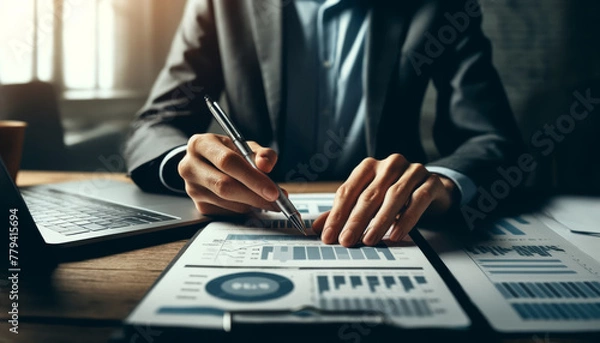 Fototapeta A focused business analyst examines comprehensive financial reports beside a laptop on a desk in an office environment.