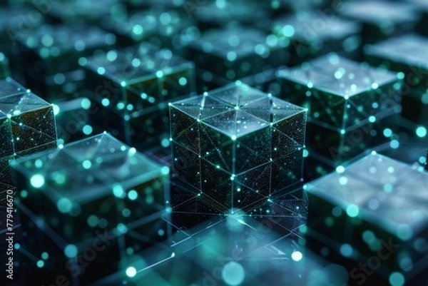 Fototapeta Blue glowing quantum computing cubes on a network grid represent cutting-edge technology.