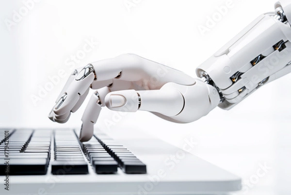 Fototapeta A Robotic Hand Pressing Enter Key and type  On a Keyboard