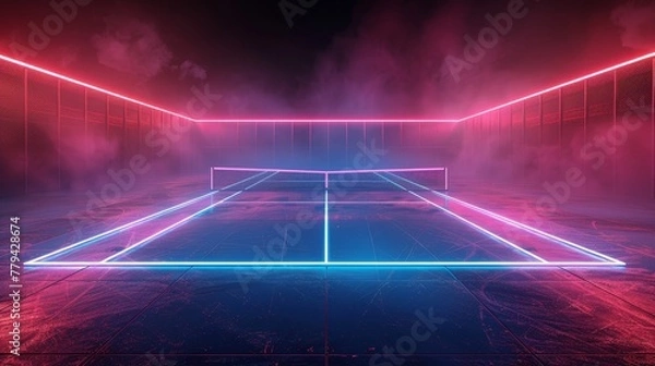 Fototapeta 3D render of glowing neon tennis court on black background, in the style of dynamic