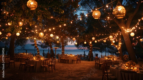 Fototapeta Beachside Evening Event with Festive Lights