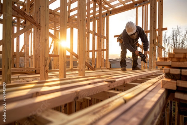 Fototapeta A construction worker framing walls of a new house using a nail gun, surrounded by lumber and tools in the early morning light, emphasizing craftsmanship and detail in the construction work.