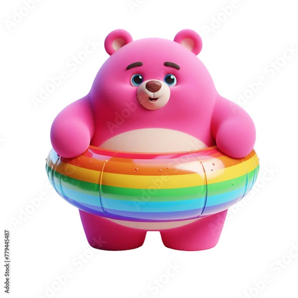 Fototapeta Large and funny pink bear in a large bright swimming ring isolated on PNG background. Generative AI.