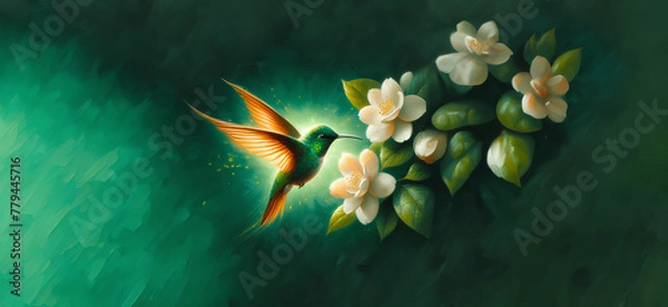 Obraz  Hummingbird in Flight with Tropical Wild Nature Flowers on Green Abstract Texturized Degradé and Bokeh Background