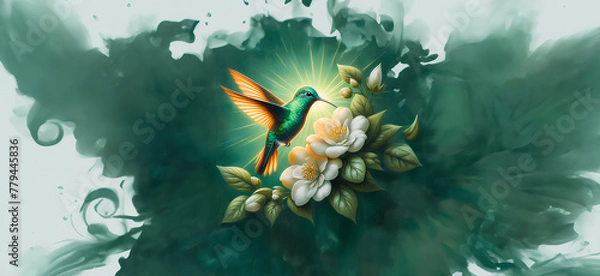 Obraz  Hummingbird in Flight with Tropical Wild Nature Flowers on Green Abstract Texturized Degradé and Bokeh Background
