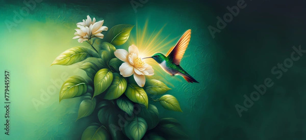 Obraz  Hummingbird in Flight with Tropical Wild Nature Flowers on Green Abstract Texturized Degradé and Bokeh Background