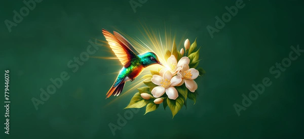 Obraz  Hummingbird in Flight with Tropical Wild Nature Flowers on Green Abstract Texturized Degradé and Bokeh Background