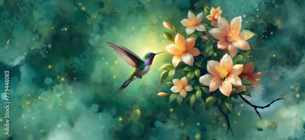 Obraz  Hummingbird in Flight with Tropical Wild Nature Flowers on Green Abstract Texturized Degradé and Bokeh Background