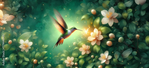 Fototapeta  Hummingbird in Flight with Tropical Wild Nature Flowers on Green Abstract Texturized Degradé and Bokeh Background
