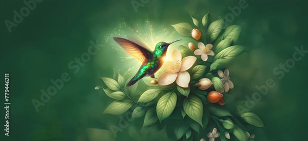 Obraz  Hummingbird in Flight with Tropical Wild Nature Flowers on Green Abstract Texturized Degradé and Bokeh Background