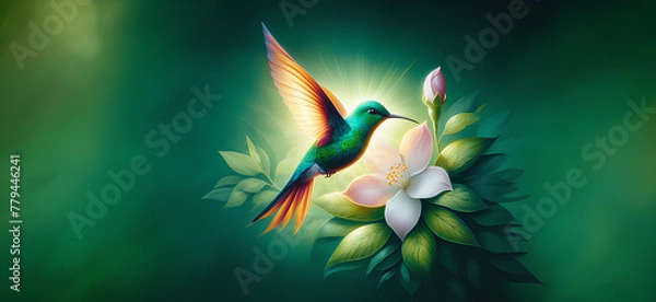 Obraz  Hummingbird in Flight with Tropical Wild Nature Flowers on Green Abstract Texturized Degradé and Bokeh Background