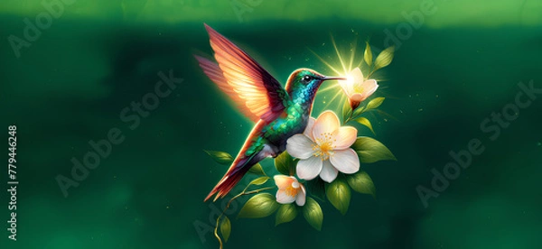 Obraz  Hummingbird in Flight with Tropical Wild Nature Flowers on Green Abstract Texturized Degradé and Bokeh Background