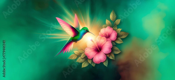Obraz  Hummingbird in Flight with Tropical Wild Nature Flowers on Green Abstract Texturized Degradé and Bokeh Background
