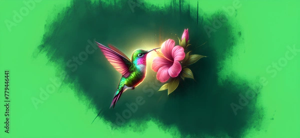 Obraz  Hummingbird in Flight with Tropical Wild Nature Flowers on Green Abstract Texturized Degradé and Bokeh Background