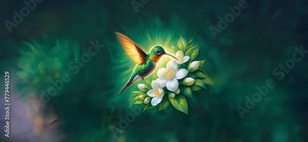 Obraz  Hummingbird in Flight with Tropical Wild Nature Flowers on Green Abstract Texturized Degradé and Bokeh Background