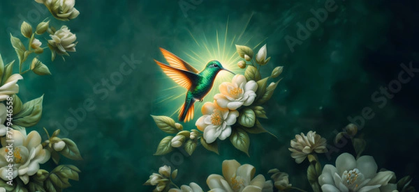 Fototapeta  Hummingbird in Flight with Tropical Wild Nature Flowers on Green Abstract Texturized Degradé and Bokeh Background