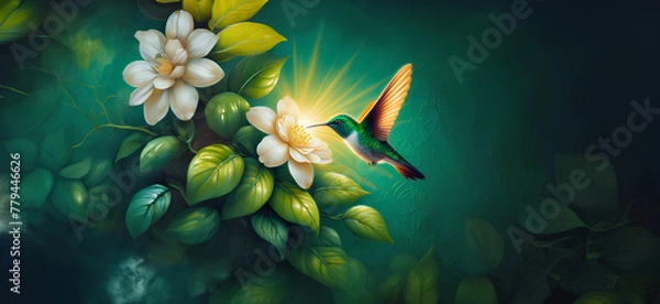 Obraz  Hummingbird in Flight with Tropical Wild Nature Flowers on Green Abstract Texturized Degradé and Bokeh Background