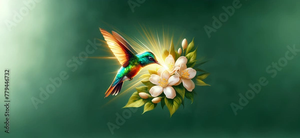 Obraz  Hummingbird in Flight with Tropical Wild Nature Flowers on Green Abstract Texturized Degradé and Bokeh Background