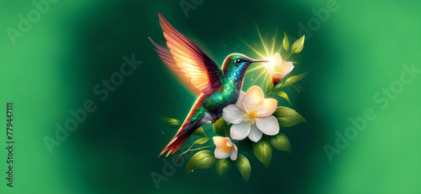 Fototapeta  Hummingbird in Flight with Tropical Wild Nature Flowers on Green Abstract Texturized Degradé and Bokeh Background