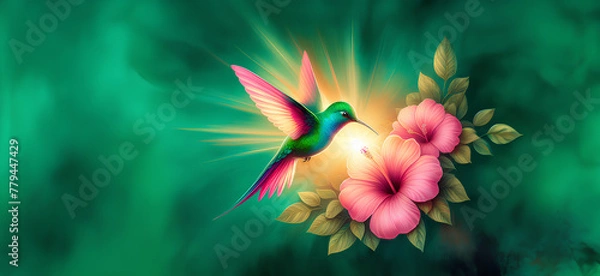 Obraz  Hummingbird in Flight with Tropical Wild Nature Flowers on Green Abstract Texturized Degradé and Bokeh Background