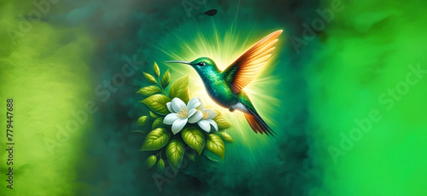 Obraz  Hummingbird in Flight with Tropical Wild Nature Flowers on Green Abstract Texturized Degradé and Bokeh Background