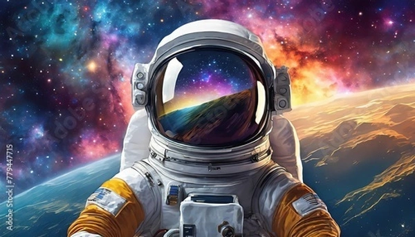 Fototapeta Astronaut with a full black visor against a colorful nebula