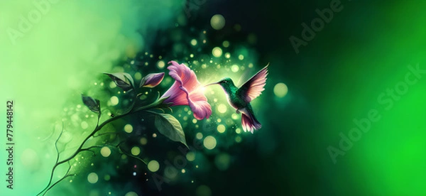 Obraz  Hummingbird in Flight with Tropical Wild Nature Flowers on Green Abstract Texturized Degradé and Bokeh Background