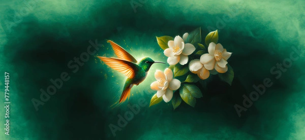 Fototapeta  Hummingbird in Flight with Tropical Wild Nature Flowers on Green Abstract Texturized Degradé and Bokeh Background