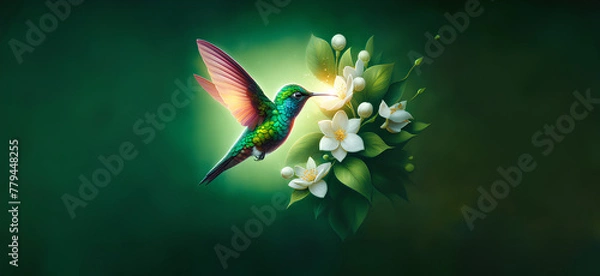 Obraz  Hummingbird in Flight with Tropical Wild Nature Flowers on Green Abstract Texturized Degradé and Bokeh Background