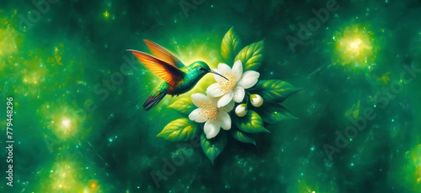 Obraz  Hummingbird in Flight with Tropical Wild Nature Flowers on Green Abstract Texturized Degradé and Bokeh Background