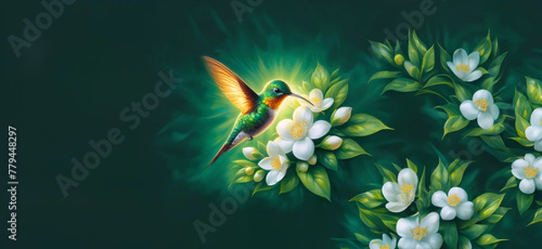 Fototapeta  Hummingbird in Flight with Tropical Wild Nature Flowers on Green Abstract Texturized Degradé and Bokeh Background