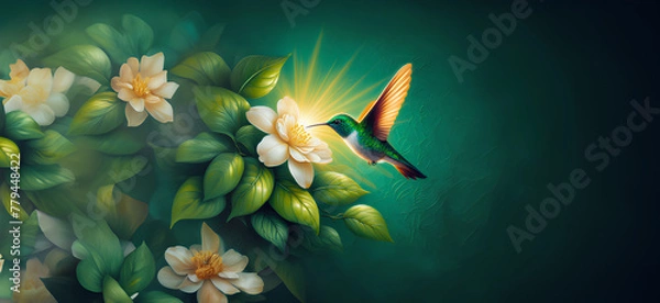 Obraz  Hummingbird in Flight with Tropical Wild Nature Flowers on Green Abstract Texturized Degradé and Bokeh Background
