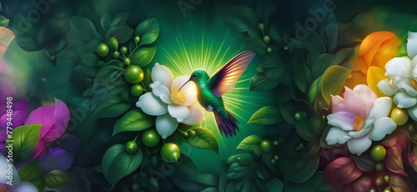 Obraz  Hummingbird in Flight with Tropical Wild Nature Flowers on Green Abstract Texturized Degradé and Bokeh Background